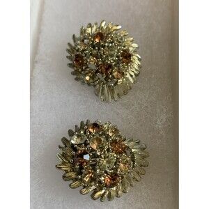 Vtg Earrings RSK Clip Rhinestones Amber Orange Champagne